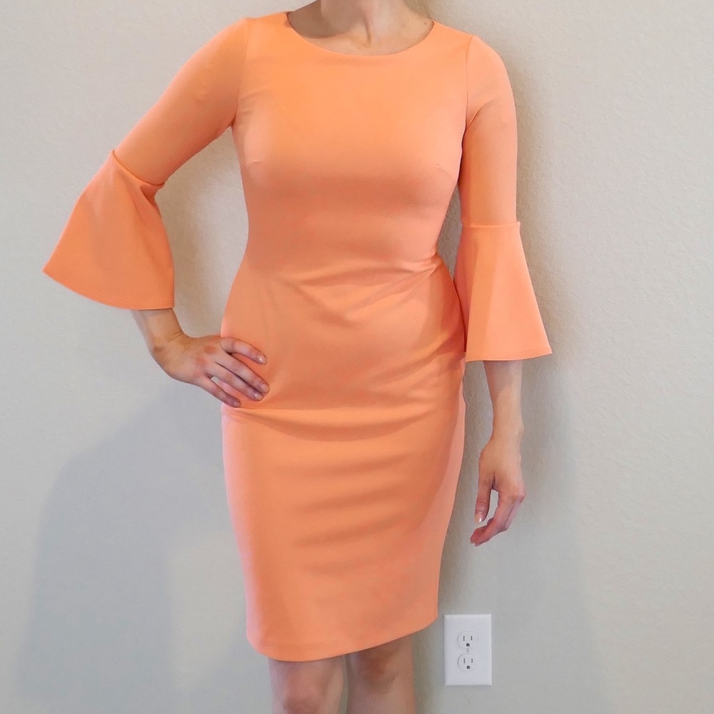 Calvin Klein Coral Dress with Ruffle Sleeve Detail